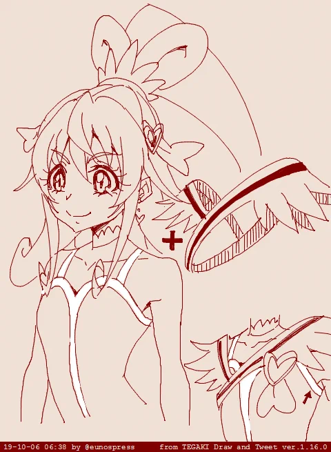 これはキュアハートの肩紐の謎を考えてみた絵。自分は左だと思って描いているが、本編の殆どのシーンでラインは右のようにズレている 