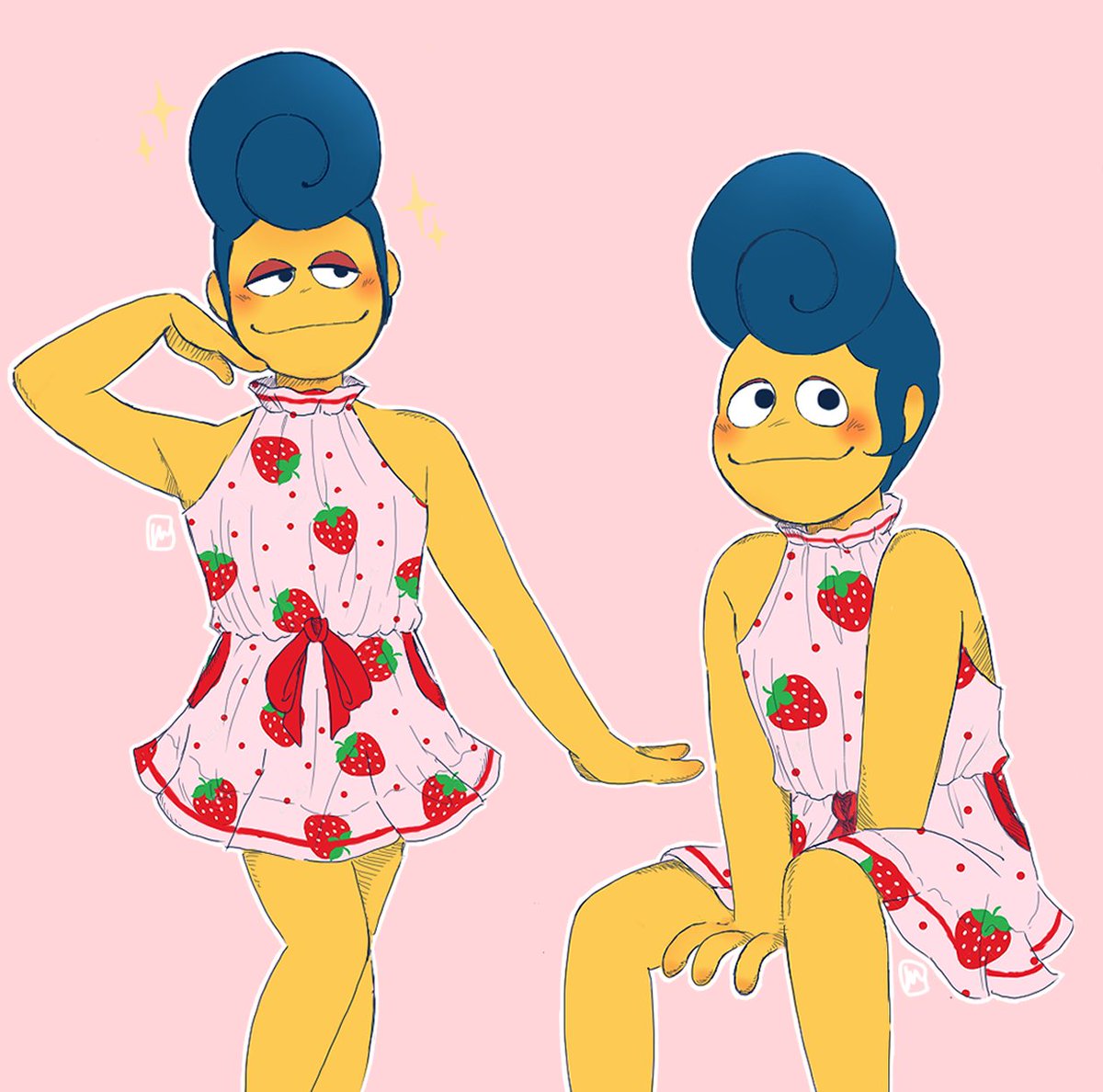 xGoldenlocks's tweet photo. Mans is out here killing in in this cute as heck strawberry romper! ✨️💅🍓
..Also drawing front view Wally is a pain.

#welcomehome #WallyDarling #welcomehomefanart #wallydarlingfanart #welcomehomearg #welcomehomepuppetshow #whtwt https://t.co/8QzkZfHQYl