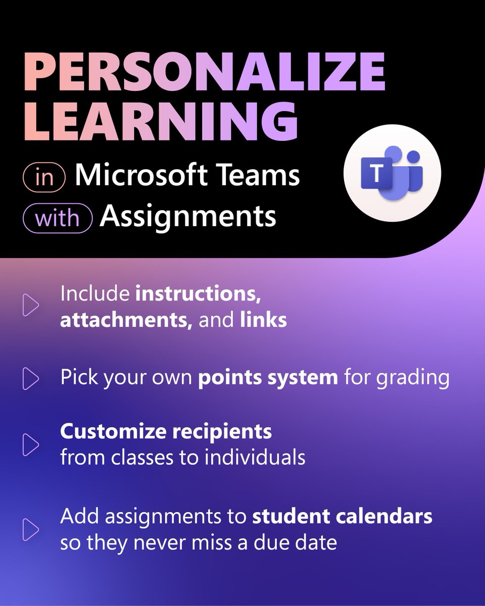 Assignments in #MicrosoftTeams allow you to personalize coursework by providing a variety of resources to aid in student success during this Back To School season 🏫

Learn more 👉 msft.it/60109EEyK

#edtech #MIEExpert
