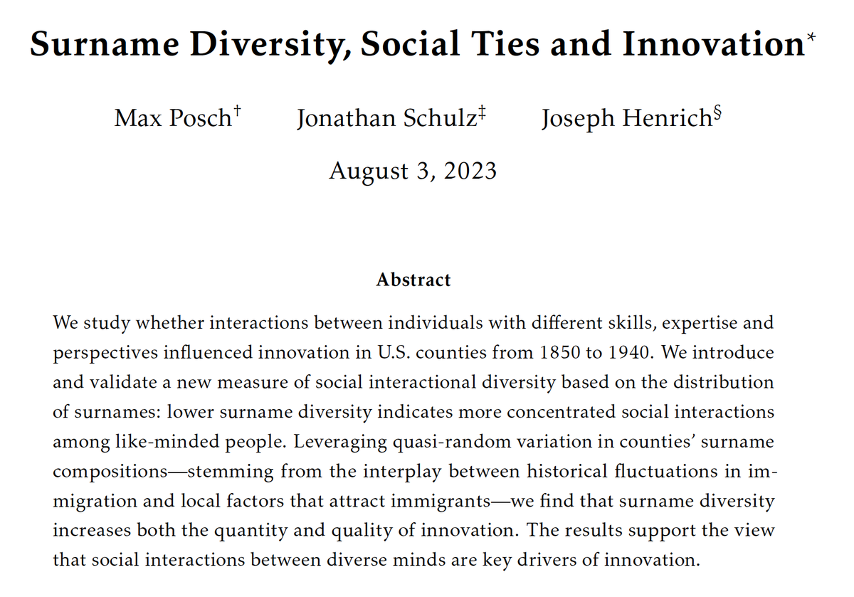 Joe Henrich (@johenrich) on Twitter photo New manuscript showing that greater social interactional diversity has propelled American Innovation for much of our history (1850-1940). <a href="/_MaxPosch_/">Max Posch bsky.social</a> <a href="/JF_Schulz/">Jonathan Schulz</a> papers.ssrn.com/sol3/papers.cf… New manuscript showing that greater social interactional diversity has propelled American Innovation for much of our history (1850-1940). <a href="/_MaxPosch_/">Max Posch bsky.social</a> <a href="/JF_Schulz/">Jonathan Schulz</a> papers.ssrn.com/sol3/papers.cf…