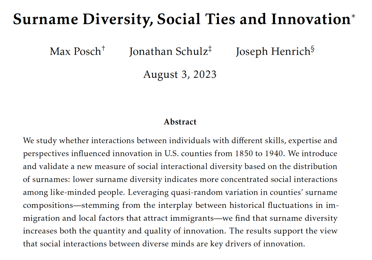 New manuscript showing that greater social interactional diversity has propelled American Innovation for much of our history (1850-1940). @_MaxPosch_ @JF_Schulz papers.ssrn.com/sol3/papers.cf…