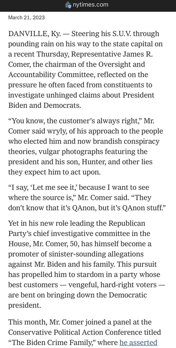 clearing_fog's tweet photo. Shortly after Comer took office, he shut down an open investigation into the ways Trump profited from the Presidency, including from foreign entities.

Then he shut down another into Kushner’s foreign profits.

Then he admitted to the NYT that it‘s all about politics. https://t.co/spXmXPdUw5