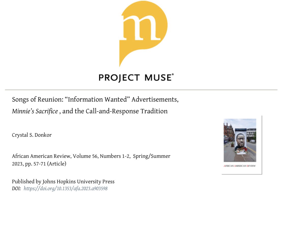 Just in time for Fall syllabi—check out <a href="/CrystalDonkor/">Crystal S. Donkor</a>’s new article featuring <a href="/InfoWantedOrg/">Last Seen Project</a> ads and Frances Ellen Watkins Harper’s Minnie’s Sacrifice!! muse.jhu.edu/article/903598