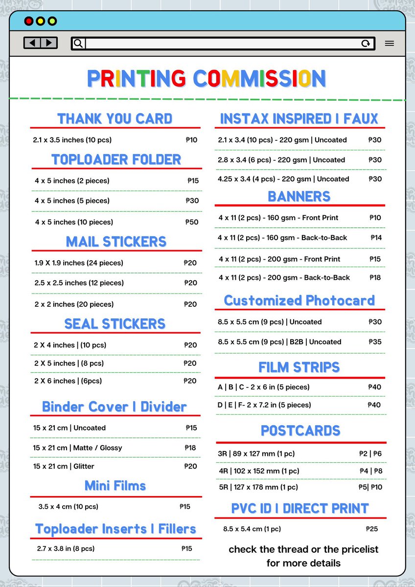 _ddeo_nu's tweet photo. . . . wts lfb lf | ph 

ꔫ printing service | commission

| mail stickers, seal stickers, thank you card, toploader folder, binder cover, instax,  customized photocard, photo strip, toploader inserts, banners, postcard, other printing comms |  

- dm for inquiries 
- open for all https://t.co/GhvVwhbEzi