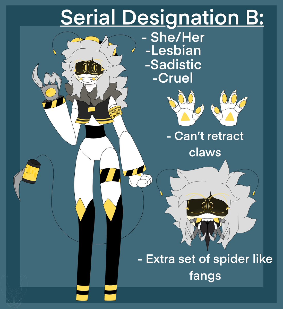 Inhabbited_24's tweet photo. Updated the reference sheet for serial designation B
-improved the way I draw drones
-added her extra fangs
-added detains on her claws
#murderdrones #murderdronesoc #glitchproductions #dissasemblydrone #mdoc https://t.co/YmFWB6LWNr