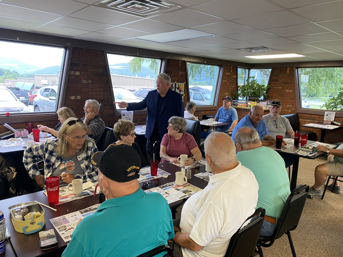 MorriseyWV's tweet photo. Terrific spending time this morning with some wonderful patriots in Elkins for breakfast. West Virginians in every county know I am the only proven conservative running for Governor with a record of accomplishing big things for our state. #WVFirst https://t.co/12TZwBdzA3