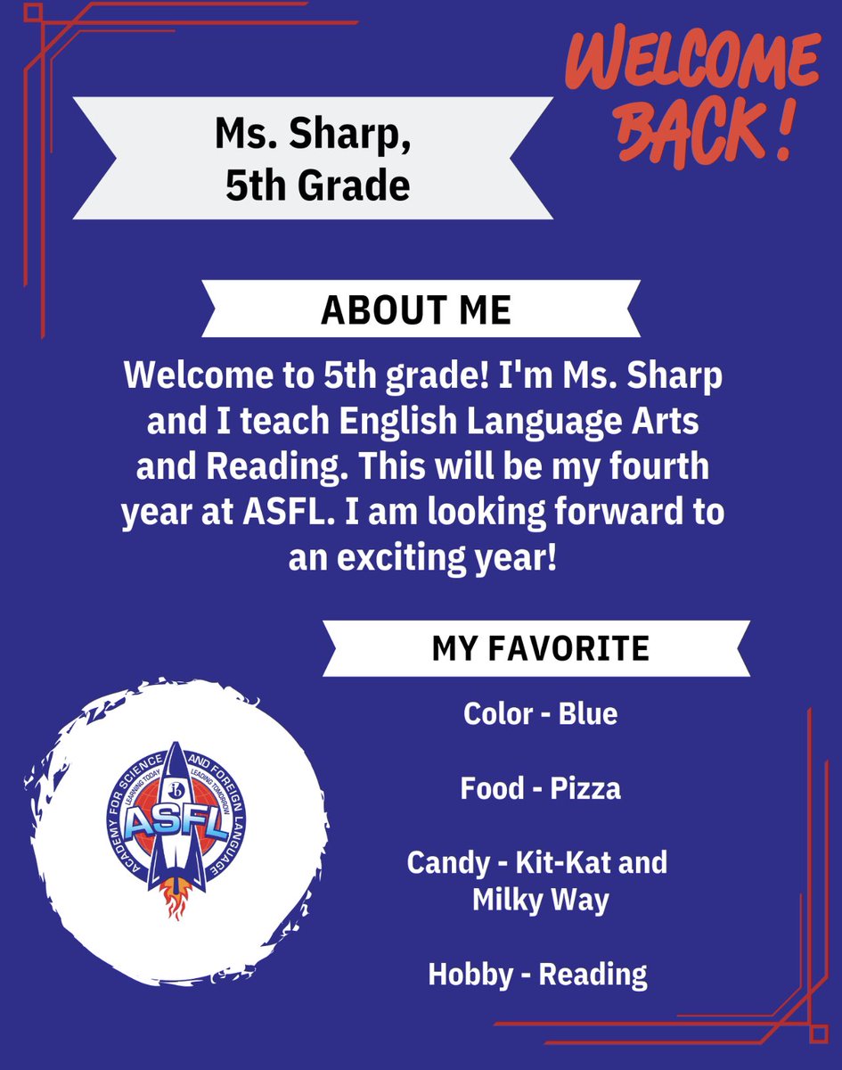 Ms. Sharp is one of our fabulous 5th grade teachers! <a href="/ASFLptsa/">ASFL PTA</a> @HSVMagnet <a href="/HSVk12/">Huntsville City Schools</a> #meettheteacher