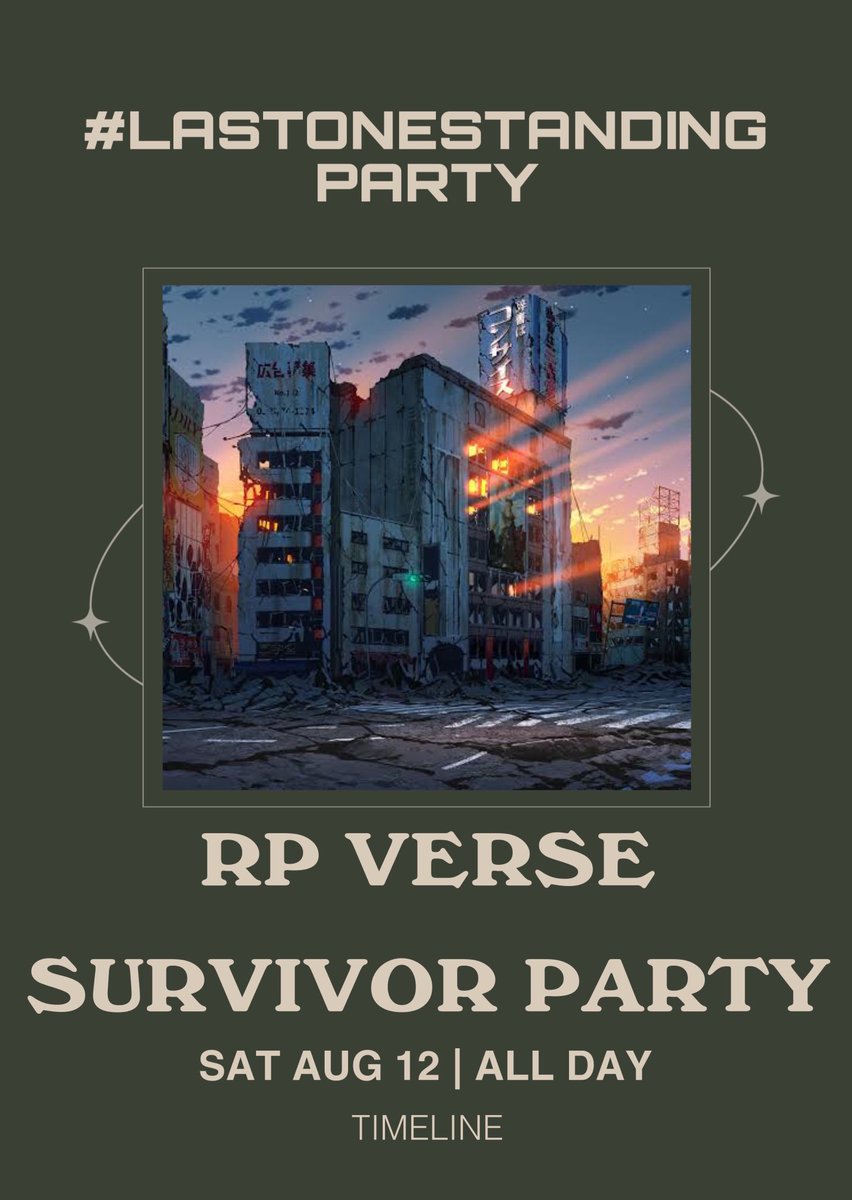 olympus_soojin's tweet photo. party at the end of the world ! 

open to anyone whos still semi active in an rp verse (inco, olympus, ncity etc etc) 

dress code: apocalypse chic 

use the tag #lastonesstandingparty https://t.co/040LEDBOv5