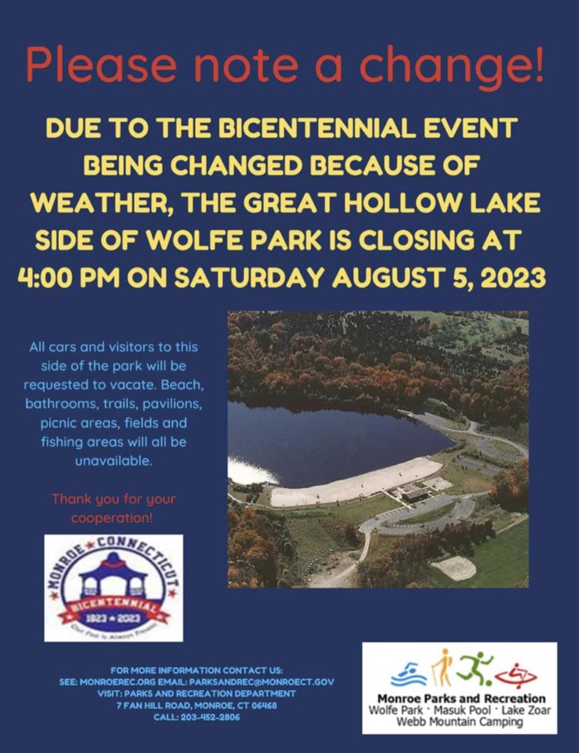 Great Hollow Lake will be now open regular time/services on Friday August 4,2023, but now we be closing at 4pm on Saturday August 5th because of the change in Bicentennial events. <a href="/sun_monroe/">The Monroe Sun</a> <a href="/townofmonroect/">Town of Monroe, CT</a> <a href="/MonroeCTSchools/">Monroe, CT Schools</a> <a href="/ctfarmersmarket/">Monroe Farmers' Market</a> #monroeCt