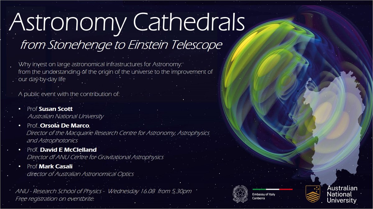 For @Aus_ScienceWeek come to @ourANU 16 August for an Embassy of #Italy event on large projects in #astronomy. I will speak on gravitational waves 🌊🌊 then a panel will discuss large projects including the Einstein Telescope
@ET_Italia @ausphysics @Science_Academy @WomenSciAUST