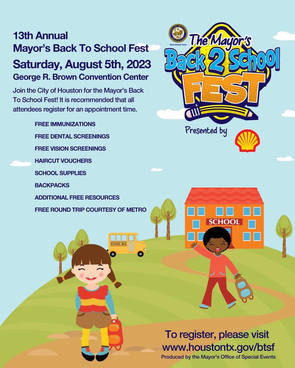 The City of Houston’s 13th Annual Mayor’s Back to School Fest presented by @Shell_USA takes place this Saturday at @GRBCC! For more info, please visit: houstontx.gov/btsf/#:~:text=… #MayorsB2SF