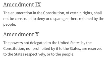 TallMisterHall's tweet image. We need another discussion about #9A and #10A.
9 says, for example, your #FreeExercise of religion doesn&apos;t deny me MY right to exercise any religion, or none at all.
10 prohibits #Nullification, like the Confederacy wanted -- states can enumerate MORE rights, not take any away.