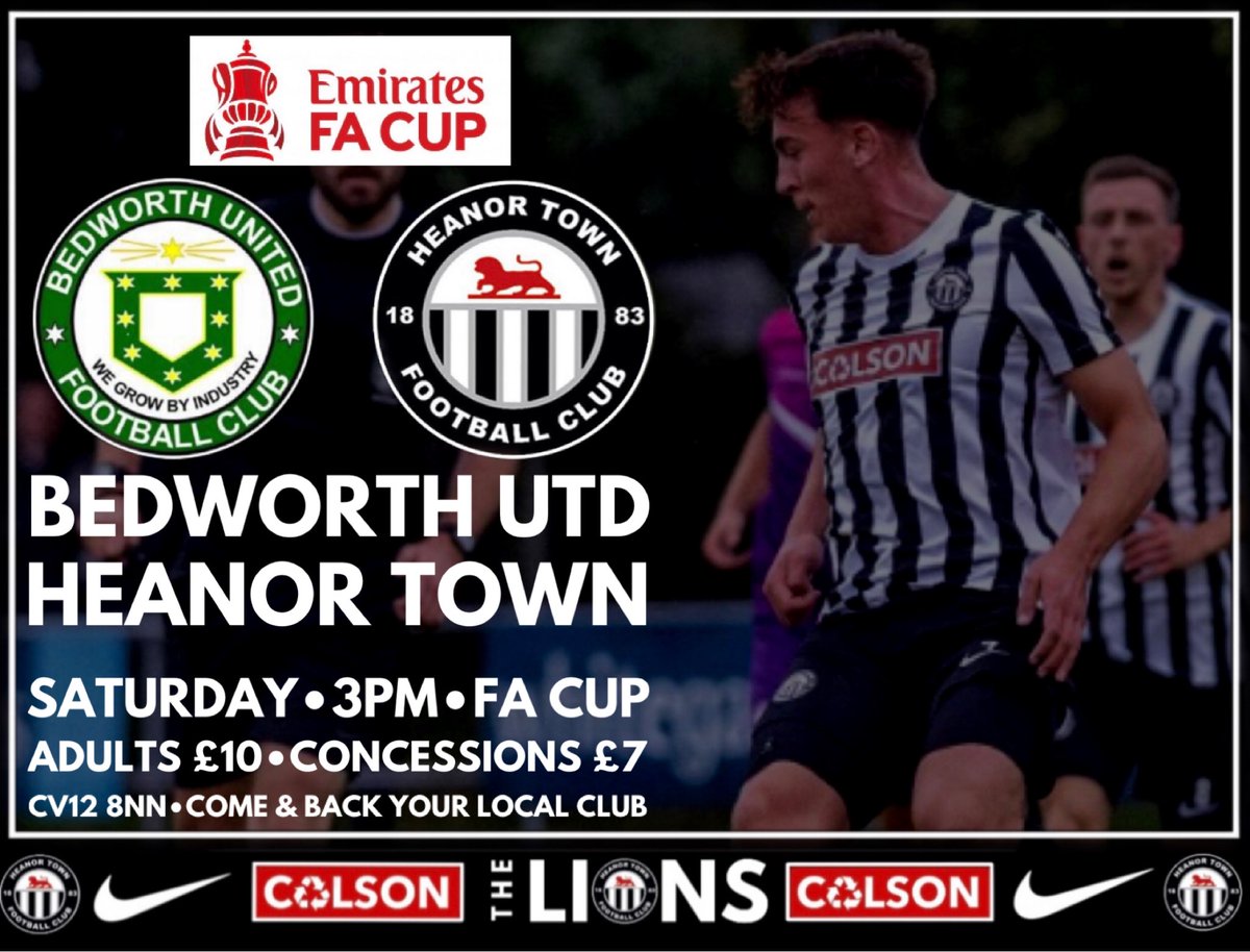 BEDWORTH UTD v HEANOR TOWN

📆Saturday 
⏱3pm
🏆FA Cup
🏟The Oval
📍CV12 8NN

🎟Adults £10
🎟Concessions £7

👨‍👩‍👧‍👦Come &amp; back your local club