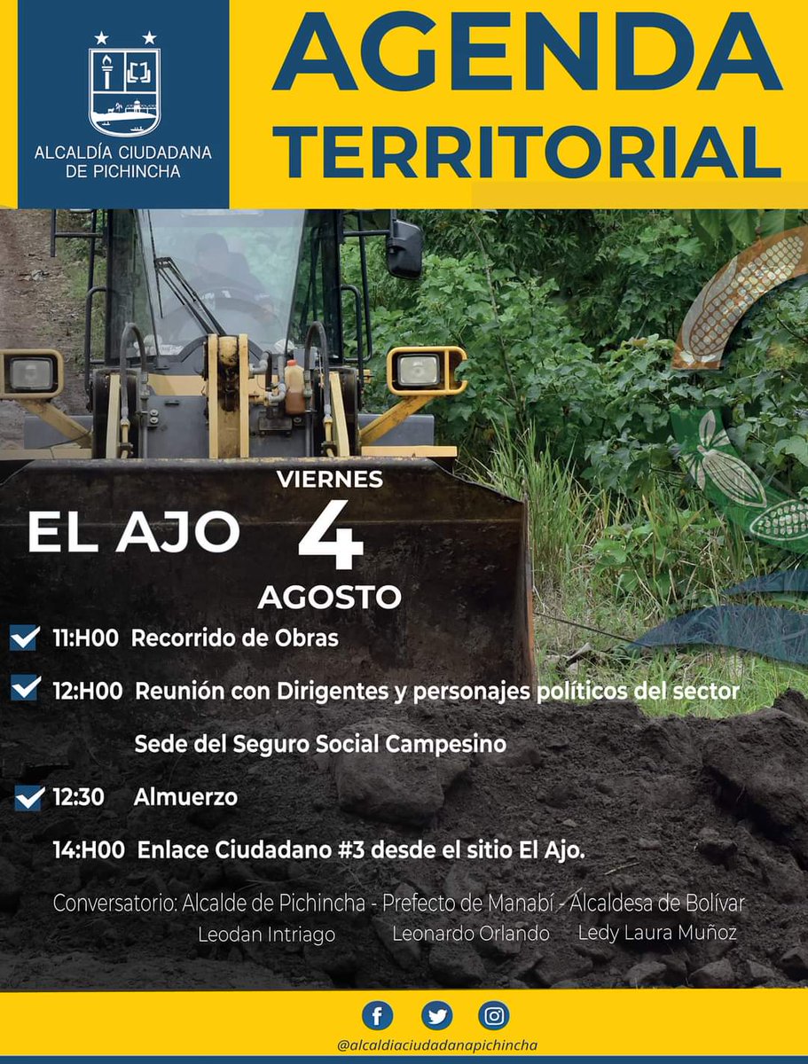 GADPichincha's tweet photo. #ATENCION 
El Ajo, Conversatorio con el Alcalde Leodan Intriago, Prefectura de Manabí Leonardo Orlando 
Viernes 4 de Agosto

#PichinchaSomosTodos 
#AlcaldíaCiudadana https://t.co/QA1ctNzLLZ