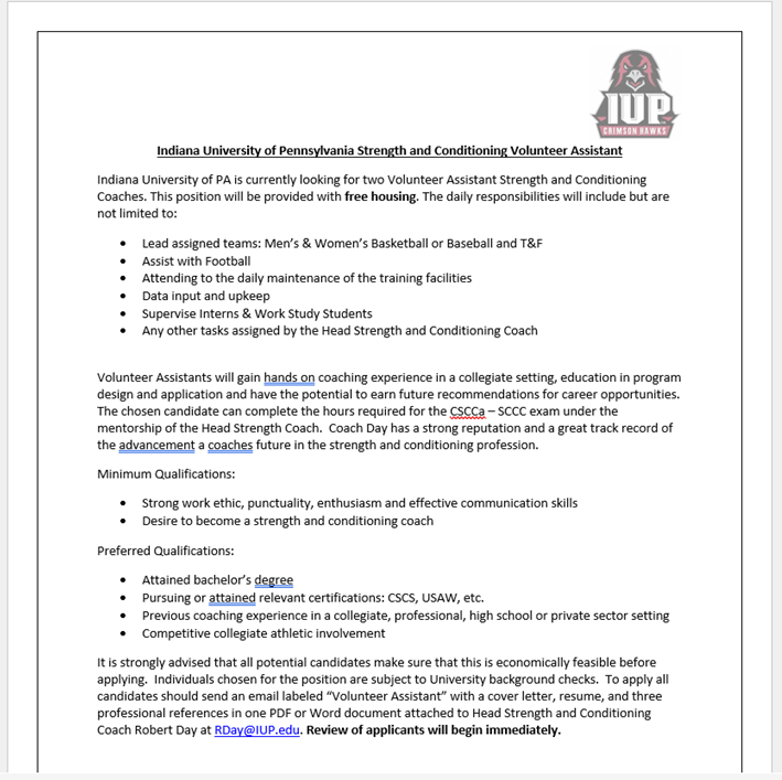 CoachDay44's tweet photo. Looking for Two Volunteer Assistant Strength &amp; Conditioning Coaches.  They will be responsible for assigned teams and assist football.  It is a great opportunity for young coaches looking to advance their career in collegiate strength and conditioning. 

Details ���️ https://t.co/ghq70jG49N