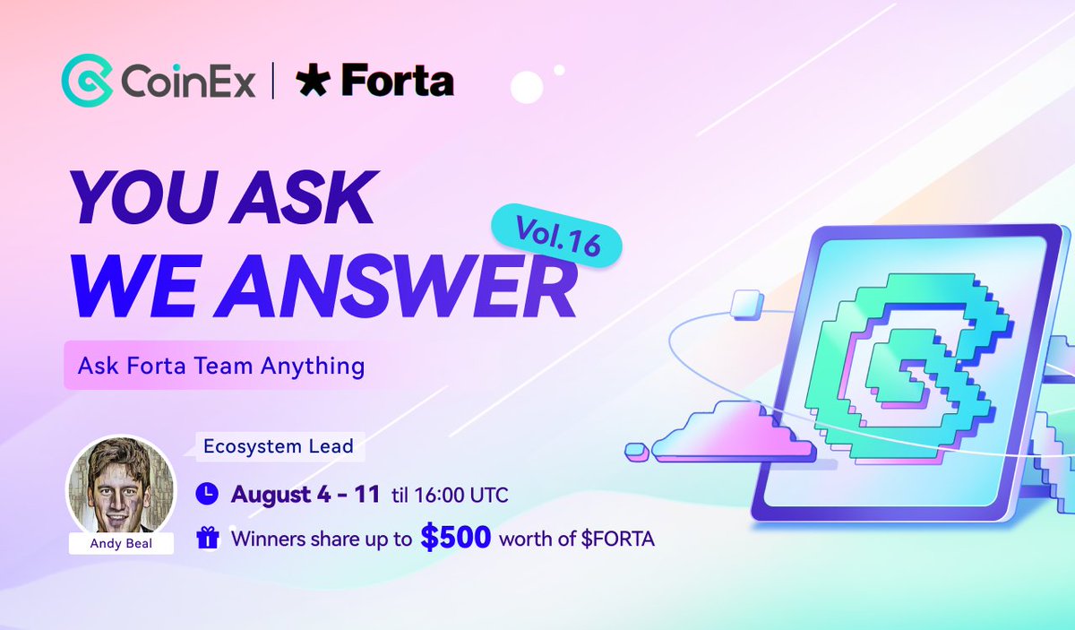coinexcom's tweet photo. #CoinEx You Ask We Answer VOL.16 featuring @FortaNetwork is NOW LIVE🚀 Ask Andy Beal, Ecosystem Lead, ANY questions! Best questions share $500 in $FORT! 💰

1️⃣ Comment your question(s)
2️⃣ Follow @FortaNetwork + @coinexcom, retweet, &amp; tag 3 pals

#Crypto #AMA #FORT https://t.co/tNdamHSpin
