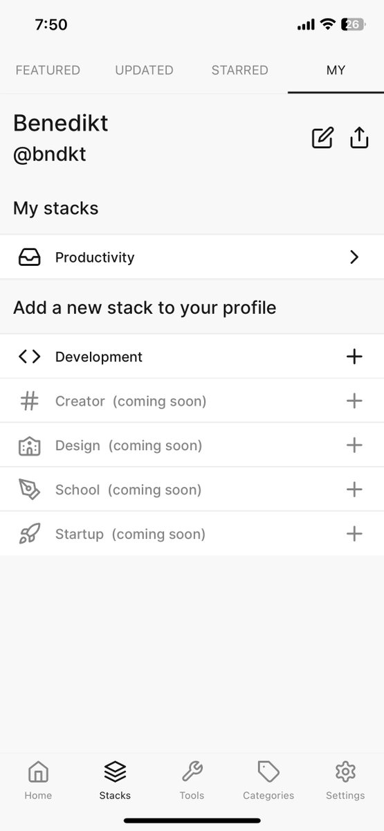 bndkt's tweet photo. 🚀 Just released a significant update to the beta testers of Share My Stack! Users can now add multiple stacks to document not only their personal productivity stack but also their favorite tools for development or other areas. Getting closer to launch! https://t.co/mVPAHczTPB