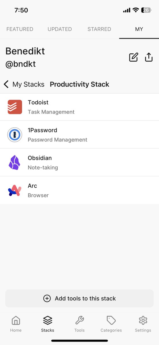 bndkt's tweet photo. 🚀 Just released a significant update to the beta testers of Share My Stack! Users can now add multiple stacks to document not only their personal productivity stack but also their favorite tools for development or other areas. Getting closer to launch! https://t.co/mVPAHczTPB