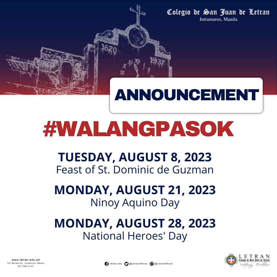LetranOfficial's tweet photo. Mark your calendars! Here are the upcoming holidays for August 2023.  

Make the most of your holiday time, Letranites! https://t.co/FB7UEqz8qF