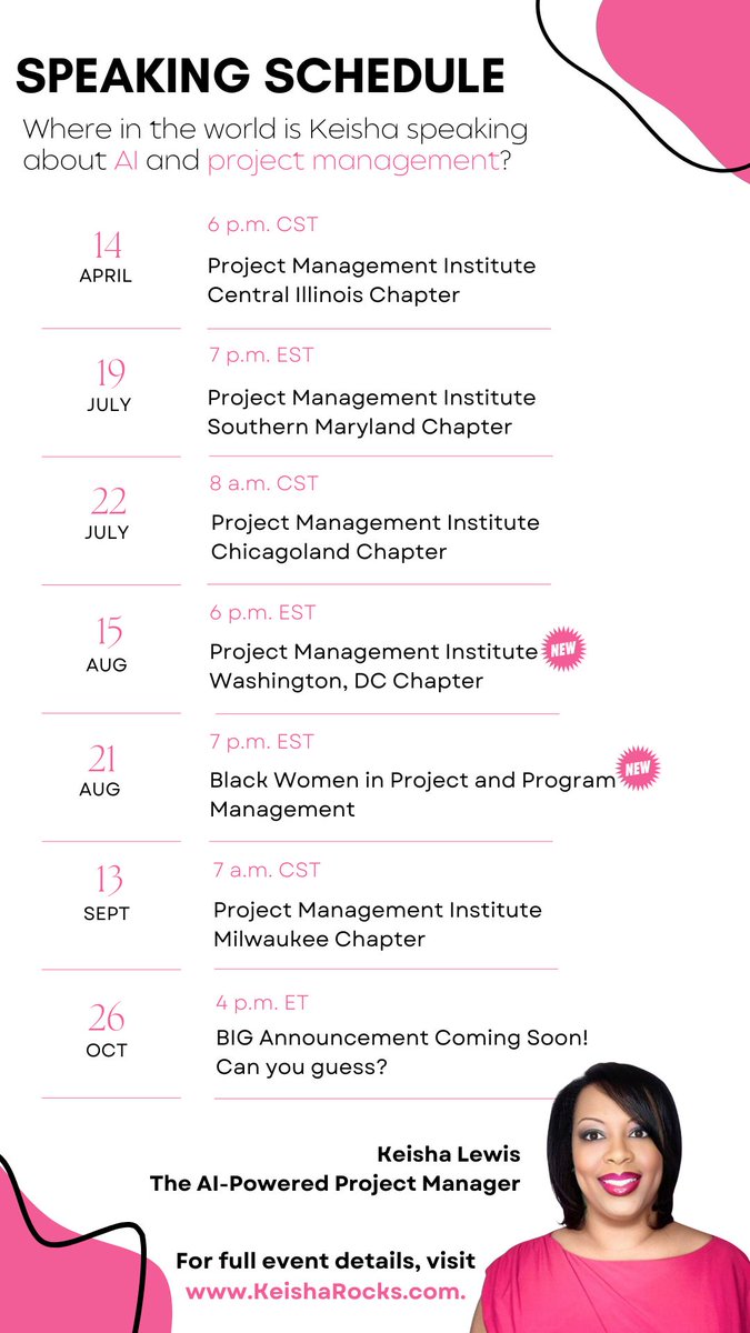 KeishaRocks's tweet photo. THIS JUST IN!  Two new stops have been added to the tour!  If you are curious about all the hype surrounding AI and project management, catch me at one of these events.  Event details can be found at https://t.co/oFvWswDnG2. #Projectmanagement #Projectmanager #AI #ChatGPT https://t.co/UsMU3kCTbt