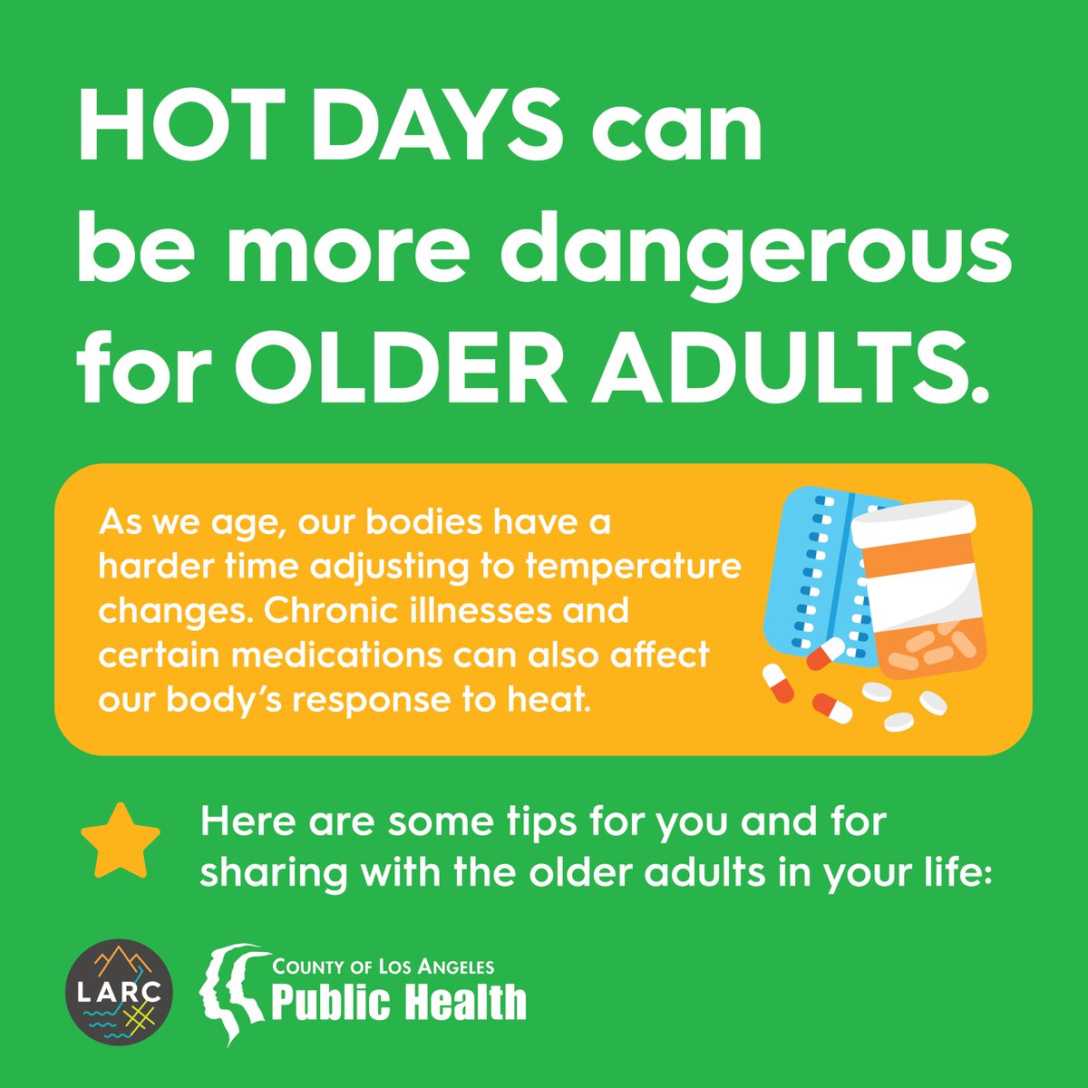 CEMO_EJ4LA's tweet photo. Older adults are at higher risk from extreme heat. Here are some tips to keep yourself and older adults in your life cool and healthy when it’s hot. #HeatSafeLA #HeatRelief4LA https://t.co/o3aVC5FoD4