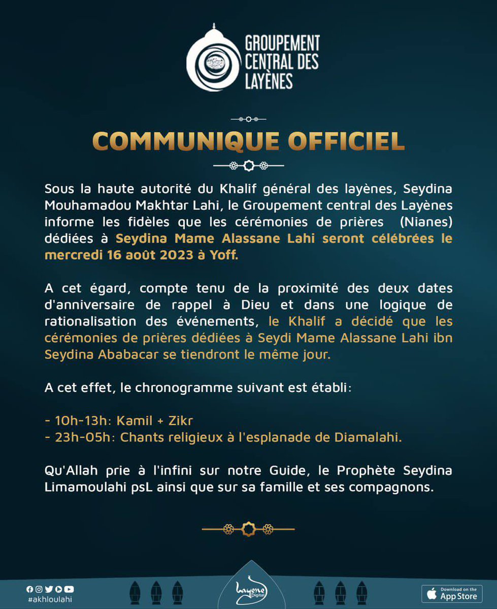 taaru_ahloulahi's tweet photo. [ 𝑪𝒐𝒎𝒎𝒖𝒏𝒊𝒒𝒖é 𝒐𝒇𝒇𝒊𝒄𝒊𝒆𝒍 - #Niane2023 &amp; Seydina Mame Alassane Lahi ] 

🕋Seydina Mame Alassane Lahi Ibn Seydina Mandione Lahi ak Seydina Mame Alassane Lahi Ibn Mame Ababacar Lahi 🤍🕋🕊️🕌📿Mercredi 16 août 2023 à Yoff Jamalahi 🤲🏾🕋🤍 
🙏inchallah 🙏 https://t.co/zcRopdUvOM