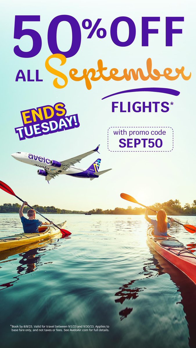 As you say goodbye to summer next month, say “Hello, @AveloAir!” Get 50% off all September flights when you book before Tuesday! Fly convenient, @flybgm!