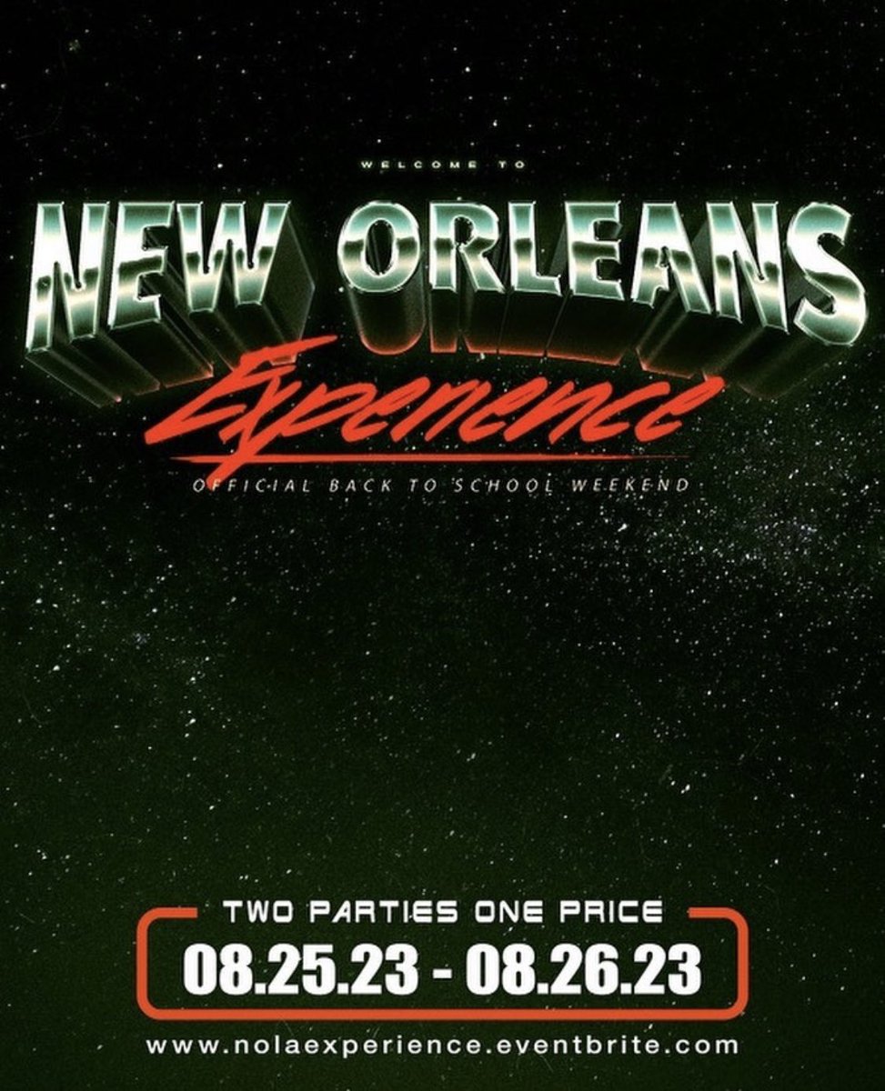 TopLevelExp's tweet image. The OFFICIAL NOLA College Experience 8/25-8/26 | 2 Nights 2 different events 1 price! Almost 400 tickets gone

Club night, Bottles,Sections
-
Real College Party Night Vibes BYOB, BYOW, Free Transportation, Mechanical Bull, Beer Pong &amp;amp; more drinking games!

NOLAEXPERIENCE.eventbrite.com