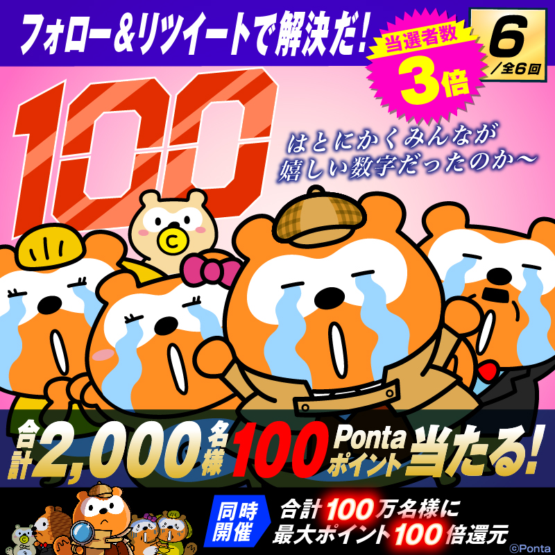 Ponta's tweet photo. 最終回！当選者数3⃣倍！
合計2,000名様に100Pontaポイント当たる🎁

／
100の真相は…
100万名様に100倍還元のチャンスのことだ！
＼
#Pontaと100の謎_ハッピーエンド編✨

▼応募方法
①@Pontaをフォロー
②このツイートをRT⏰8/7㊊23:59まで

詳細はこちら
https://t.co/gUPeCfJ9UR
#ポン活 #100の謎