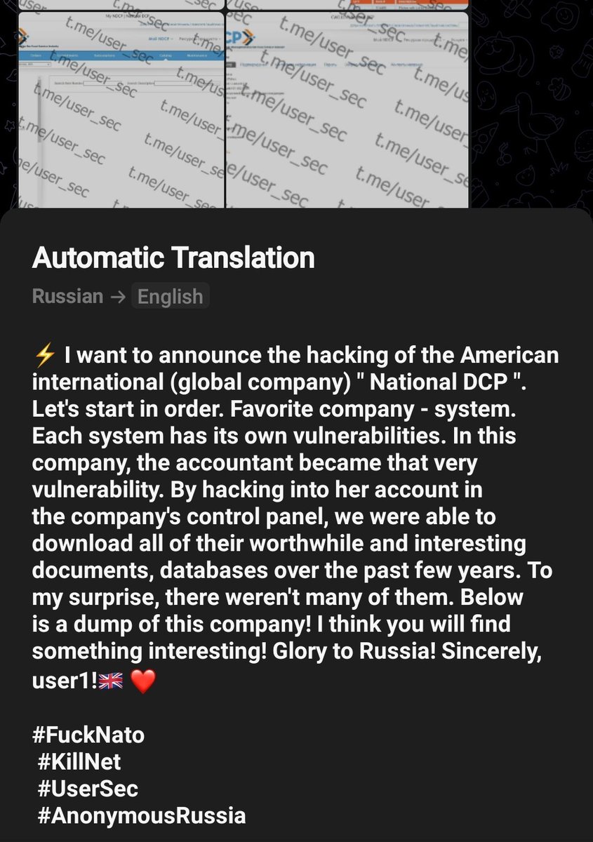 Cyberknow20's tweet photo. #usersec claims to have 'hacked' #USA company National DCP, a distribution company.
They possibly accessed a single user's pdf files. Pdfs are price lists for services provided - less likely, they have compromised the org.
#russiaukrainewar #infosec #UkraineRussiawar https://t.co/u16tORWo2l