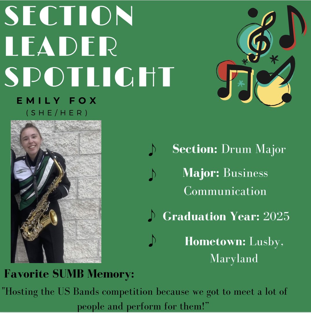 Our Section Leader Spotlight today goes to Emily! Emily is our drum major this year; but, her main instrument is alto saxophone. She is also one of our Student Workers. More Section Leader Spotlights to follow! #stevensonuniversity #stevensonuniversitymarchingband #sectionleaders