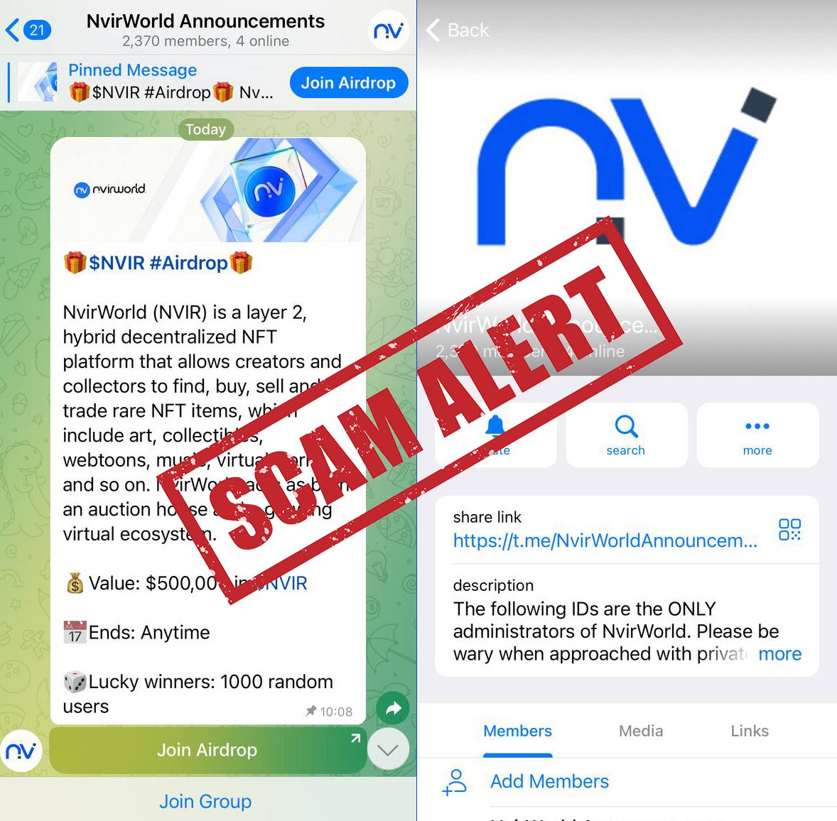 NvirWorld's tweet photo. 🚨 Beware of scams! 🚨
Beware of the sneaky tactics used by scammer groups. 

Warning! — Channels that are not listed in the 'Official #NvirWorld Linktree' are not official channels. 

👉https://t.co/7nswL4H5vr

🔒DO NOT fall for their tricks!