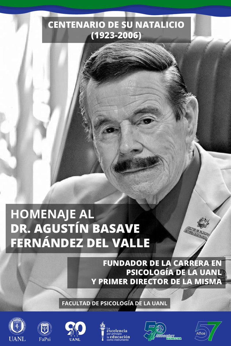 Psicologia_UANL's tweet photo. 🔵 Nuestra Facultad de Psicología rinde homenaje el día de hoy, al Fundador de la carrera de Psicologia en la UANL y nuestro primer Director, el Dr. Agustín Basave Fernández del Valle, en el centenario de su natalicio. (1923-2006).
#FaPsi #UANL #JEFES #JEFAS https://t.co/9C7EKdWnd0