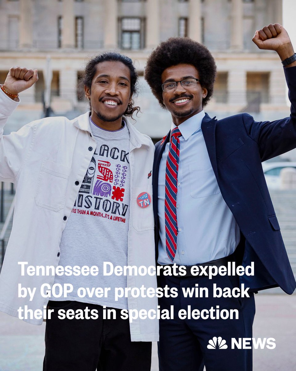 BREAKING: The two Democratic state representatives in Tennessee who were expelled by Republicans in April for protesting in support of gun safety on the chamber floor have won special elections to serve the remainder of their terms. nbcnews.app.link/kwhFxbXDYBb