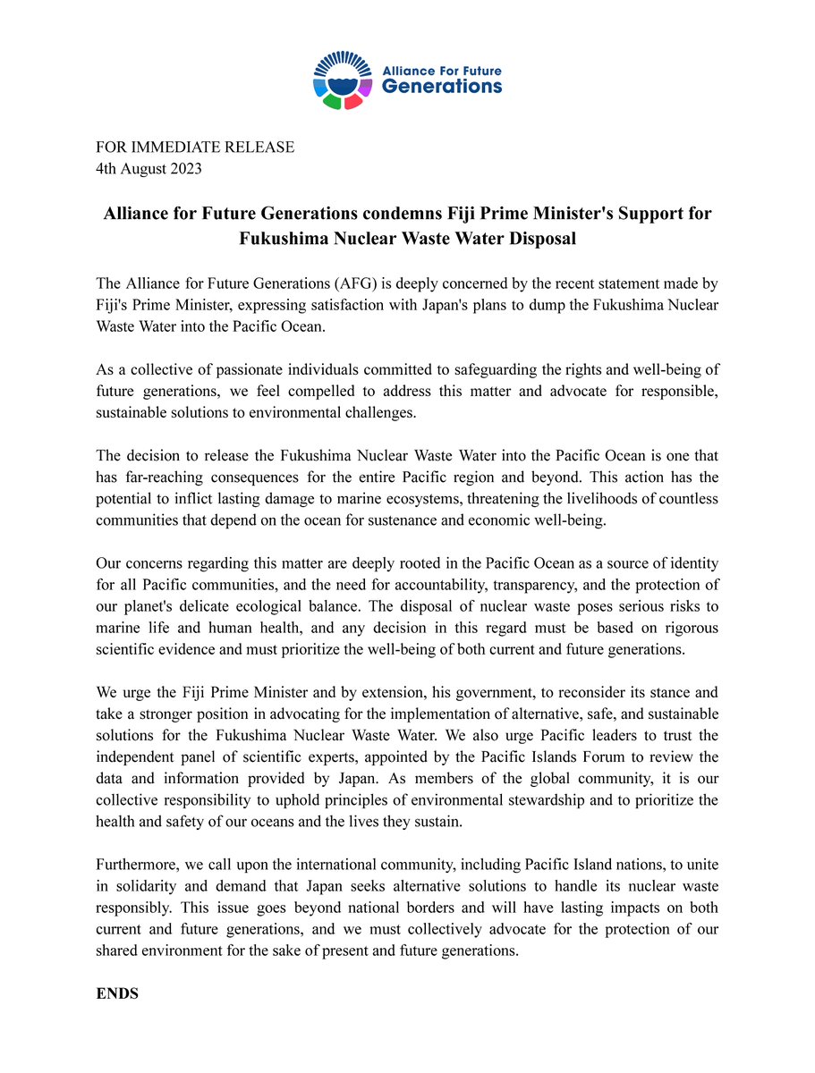 afgfiji's tweet photo. We are deeply concerned by the recent statement made by Fiji's Prime Minister @slrabuka in support of Fukushima Nuclear Waste Water Disposal plans.

Full press release ➡️ https://t.co/h445qMsbwx https://t.co/TqWr5afNGD