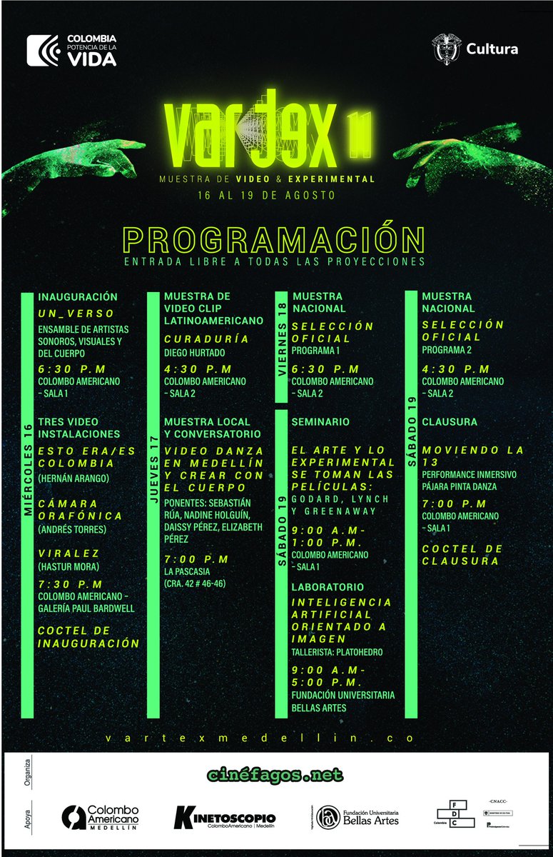 cinefagosnet's tweet photo. 📷Les compartimos la programación de #VARTEX11, Muestra de Video y Experimental de Medellín, que viviremos entre el 16 al 19 de agosto.

✨👉🏻 No te pierdas ninguna proyección, curso o taller acerca del Arte, Inteligencia artificial y Metaverso.

#cine #audiovisual https://t.co/dBR5RyGRO2