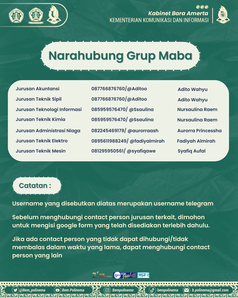 Hai Rekan Amerta,

Untuk kamu mahasiswa baru Politeknik Negeri Malang khusunya jalur Mandiri, yuk join grup resmi MABA Polinema. Kalian akan mendapatkan informasi kegiatan-kegiatan yang akan dilaksanakan Kampus Polinema.

Klik bit.ly/GrupMabaAngkat…