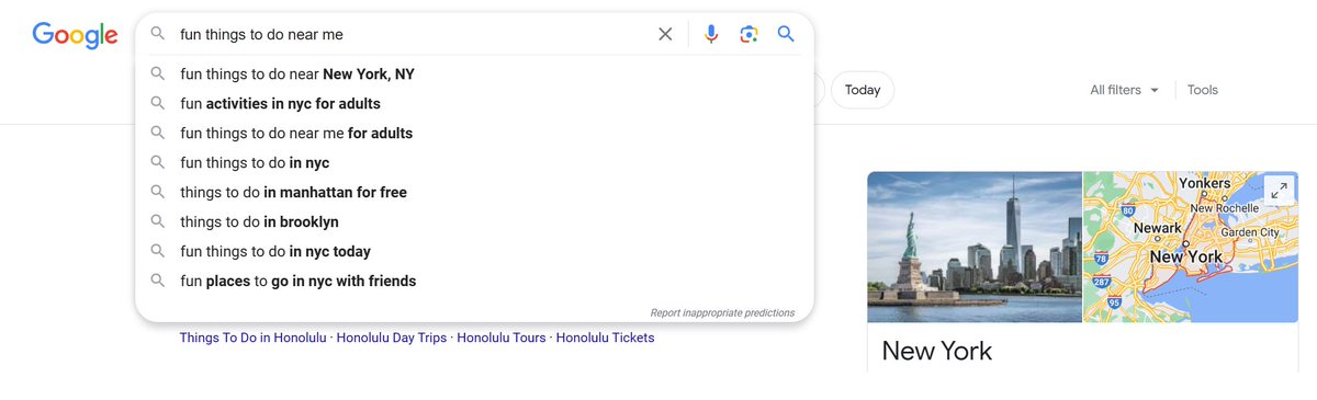 invalid_ghost's tweet photo. I searched "fun things to do near me" and apparently Google thinks I live in New York City... I've never even been there; I live in Texas. https://t.co/bhvuHSLxP4