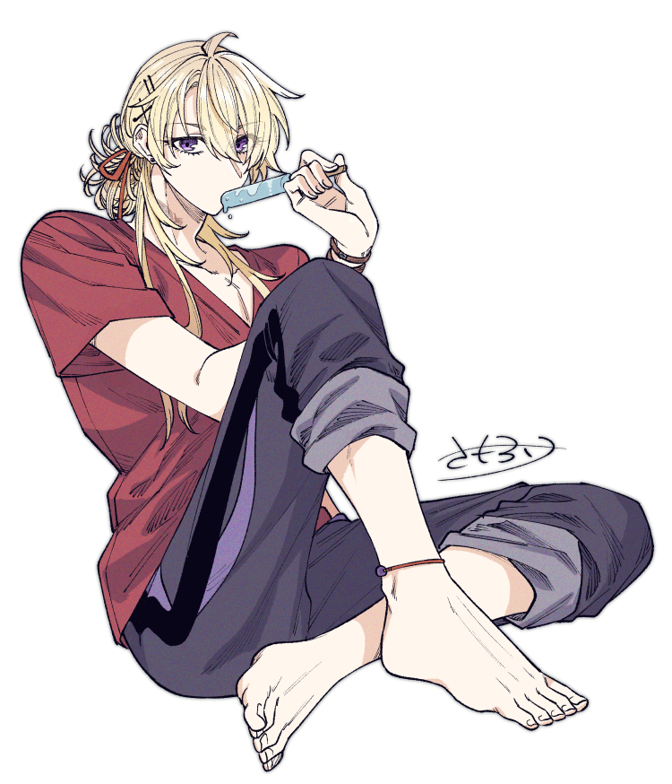 1boy male focus red shirt blonde hair food purple eyes barefoot  illustration images