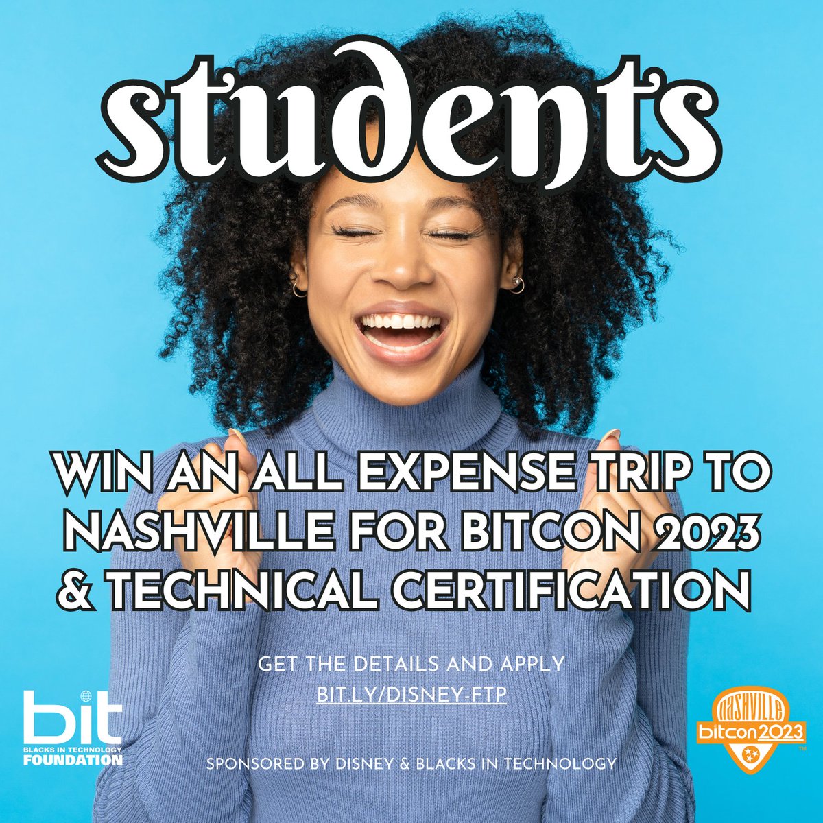 College techies apply and win an all expenses paid trip to BITCON 2023 in Nashville, TN Sept 5-7! Deadline 8/11. Disney & BIT collaboration. Get the details and apply: bit.ly/disney-ftp #blacksintech #BlackTechTwitter #BlackTwitter