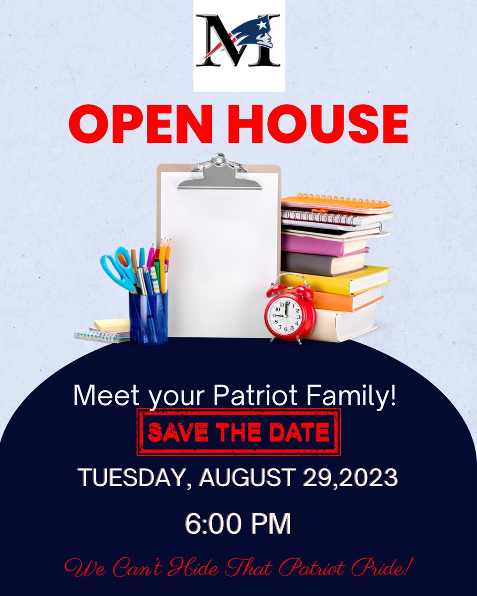 msformoso's tweet photo. Come meet your Patriot Family!            
📅 Save the Date 📅
Join us for our School Open House!

🗓 Date: Tuesday, August 29th 
⏰ Time: 6:00 pm           #SchoolOpenHouse#OpenHouse
#ExploreOurSchool#MeetTheTeachers
#LearnWithUs#PatriotPride https://t.co/eQZtbQYxiT