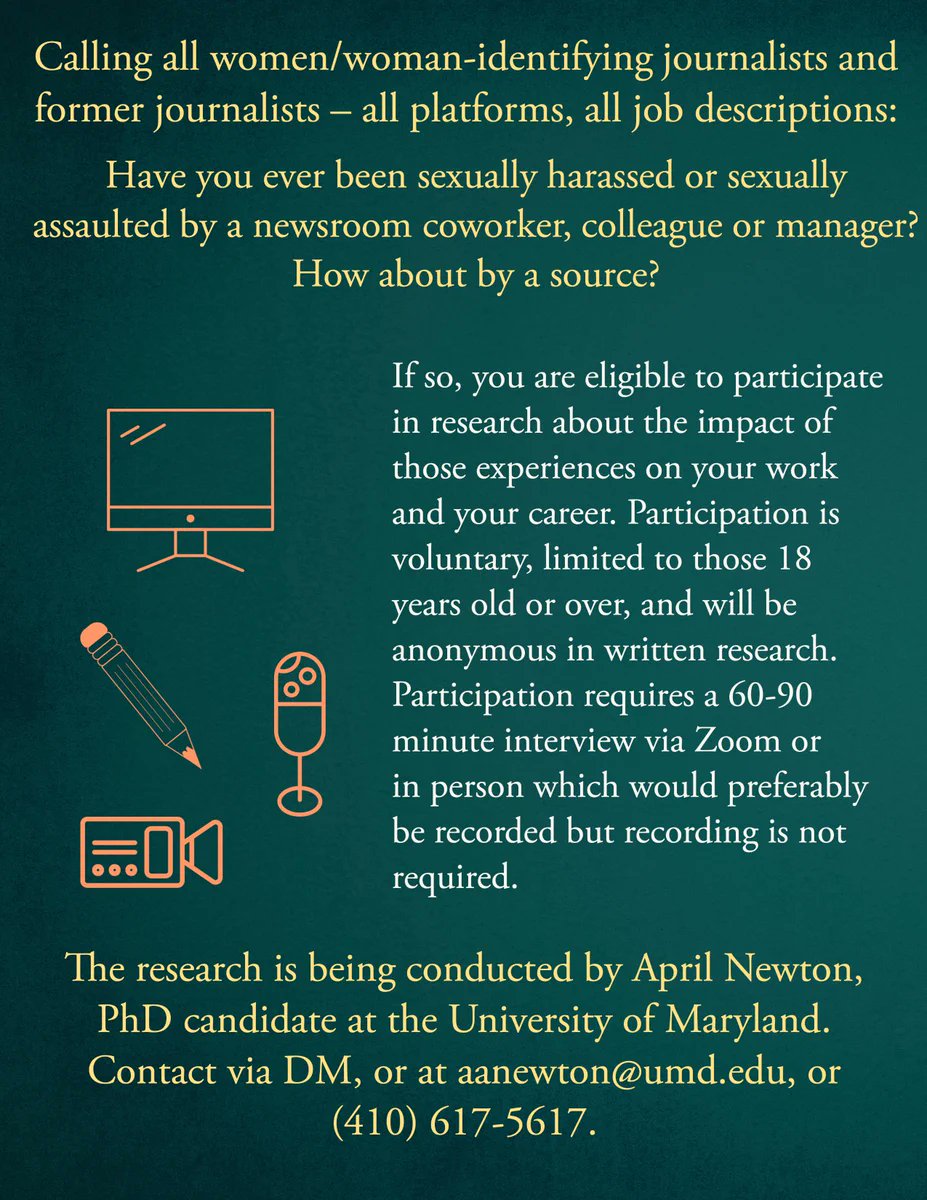 ONCE MORE INTO THE BREACH! Researching women journos/reporters who have experienced sexual harassment/assault on the job. Very aware it's a heavy ask so I promise confidentiality, care, &amp; deep gratitude. DM or email, see below, and THANKS. <a href="/womenjournos/">JAWS</a>  <a href="/nabtweets/">National Association of Broadcasters</a> <a href="/najournalists/">najournalists</a>