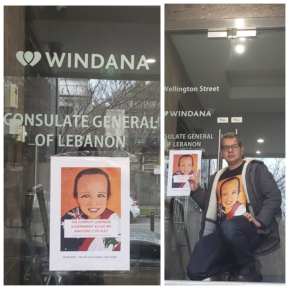Three years ago on this day, I ran into a hospital in Beirut with my dying son in my arms after he was hurt in the #BeirutBlast.

I placed this poster at the Consulate of Lebanon in Melbourne to mark the anniversary of Isaac's death. 
Never forgive, never forget.
#BeirutExplosion