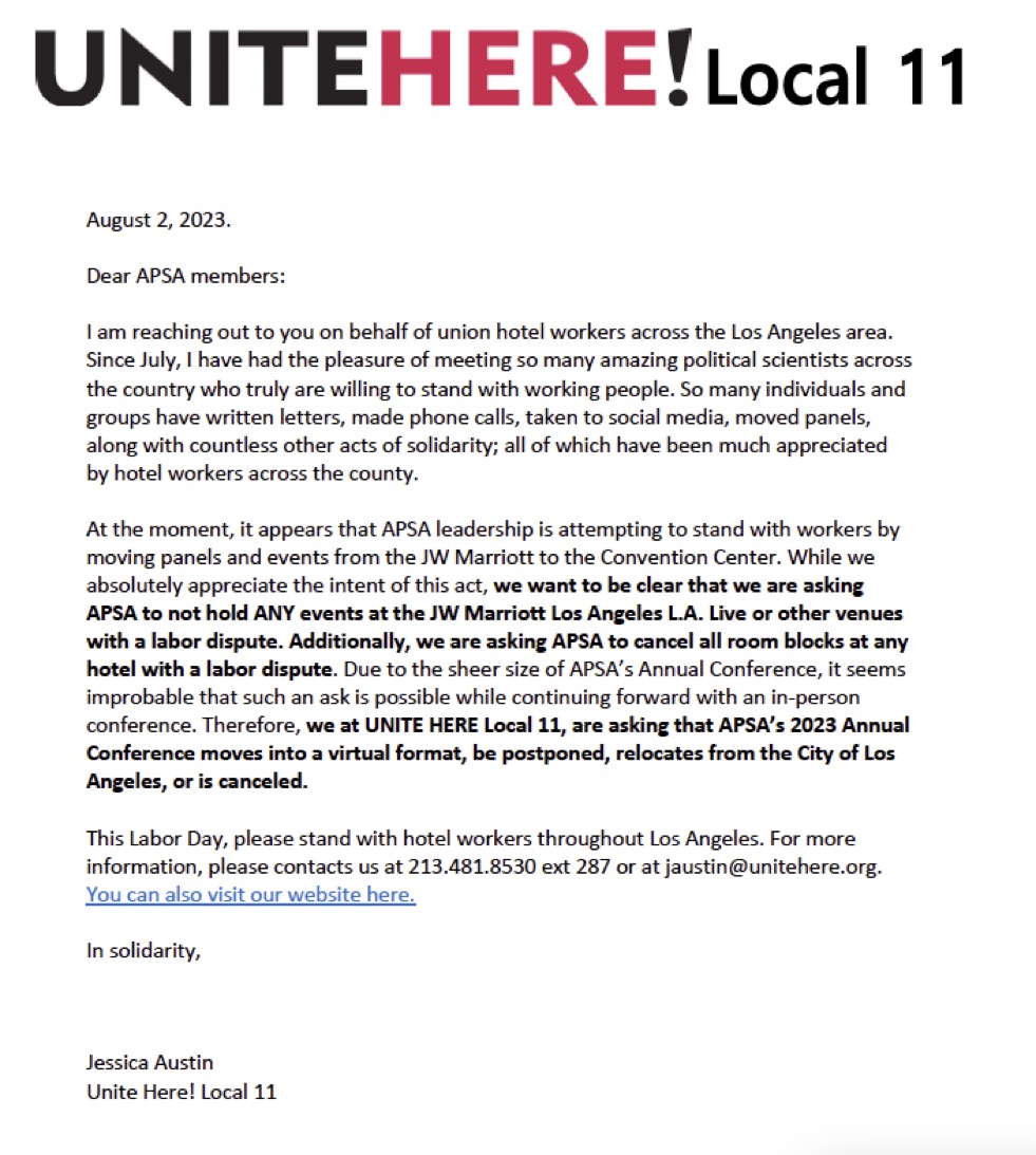 The leadership of the Latino Caucus has decided to withdraw our labor from the #APSA2023 Meeting in solidarity with the workers of @UNITEHERE11. We are canceling our workshop and postponing our 25th Anniversary celebration to 2024.

Full statement + @UNITEHERE11 letter attached.