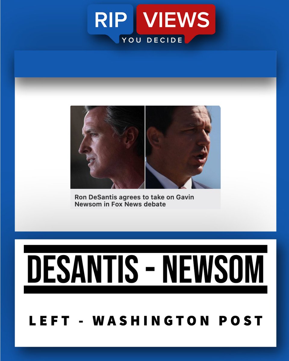 ripviews's tweet photo. Ron DeSantis, the proudly conservative governor of Florida, has agreed to debate Gavin Newsom, the proudly liberal governor of California. Fox News' Sean Hannity will be the moderator. 

All news is biased, view both sides with RipViews.

Left Media Bias (@washingtonpost):
In a bold move, California Governor Gavin Newsom has initiated a debate between himself and extremist right-wing Florida Governor Ron DeSantis in an attempt to confront their divergent policy stances on a national stage.

Right Media Bias (@NEWSMAX):
Governor Ron DeSantis asserts that Florida's accomplishments in drawing domestic migrants from democrat-run states, fostering a robust economy, improving education, and lowering crime rates exemplifies a superior path for the nation's future compared to California.

#GavinNewsom #DeSantis