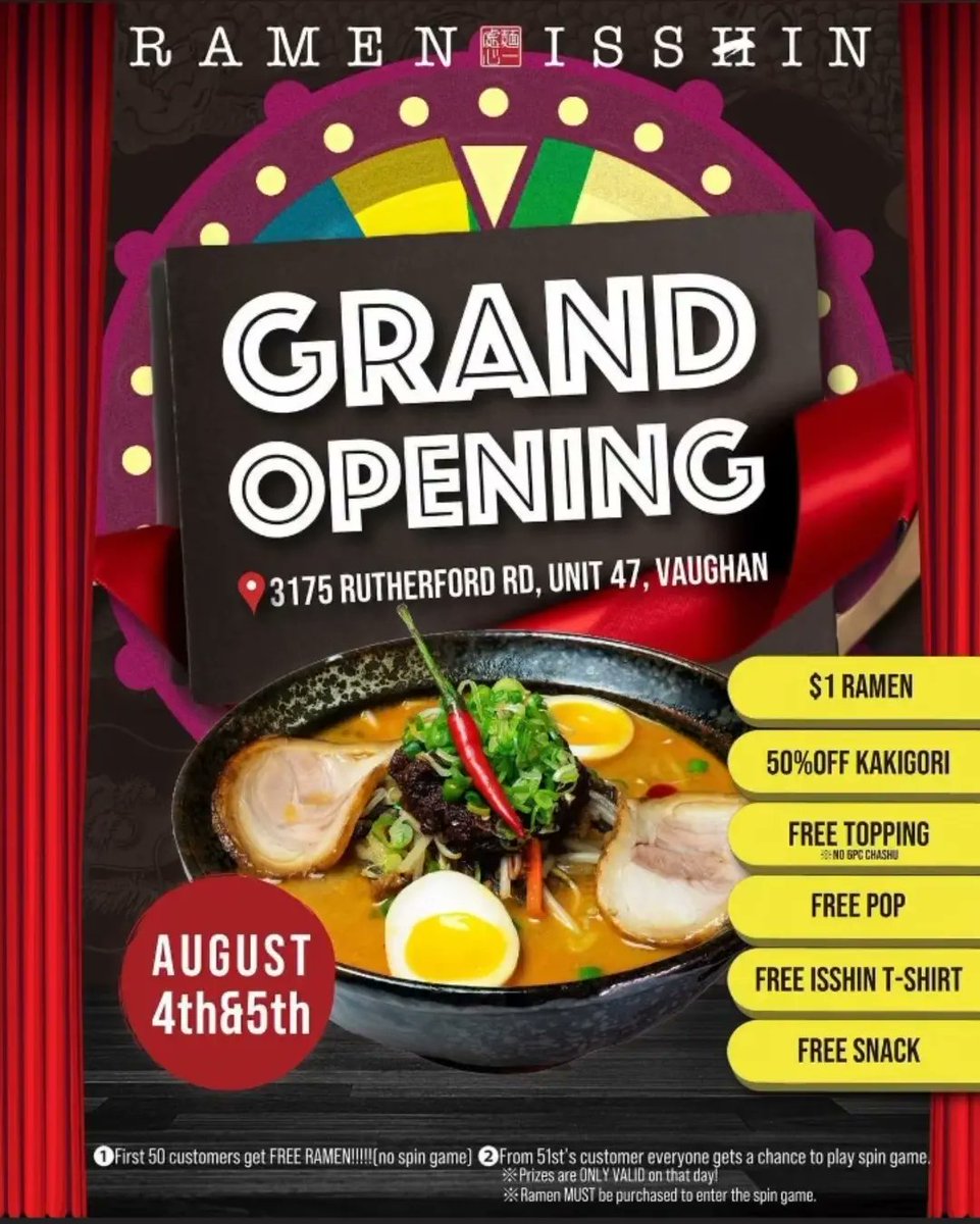 MoVernie's tweet photo. Grand Opening Specials + Deals

#RamenIsshinVaughan Grand Opening is tomorrow &amp; is open to the public!

As part of the #GrandOpening Celebration, the first 50 customers get #FREERamen on August 4 + August 5.

#RamenIsshin #GrandOpeningSpecial #GrandOpening #Deals #Vaughan https://t.co/C9Opz3OyD6