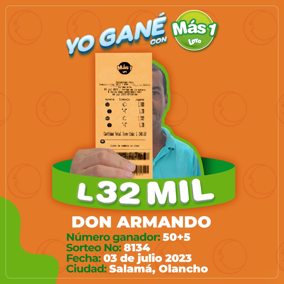 lotohonduras's tweet photo. ️¡Don Armando confío y ganó con #Mas1 💚 Y vos ¿Qué esperás para convertirte en nuestro próximo ganador? ✨😎 https://t.co/FmDVqCq9Pl https://t.co/haohpw2Gnv