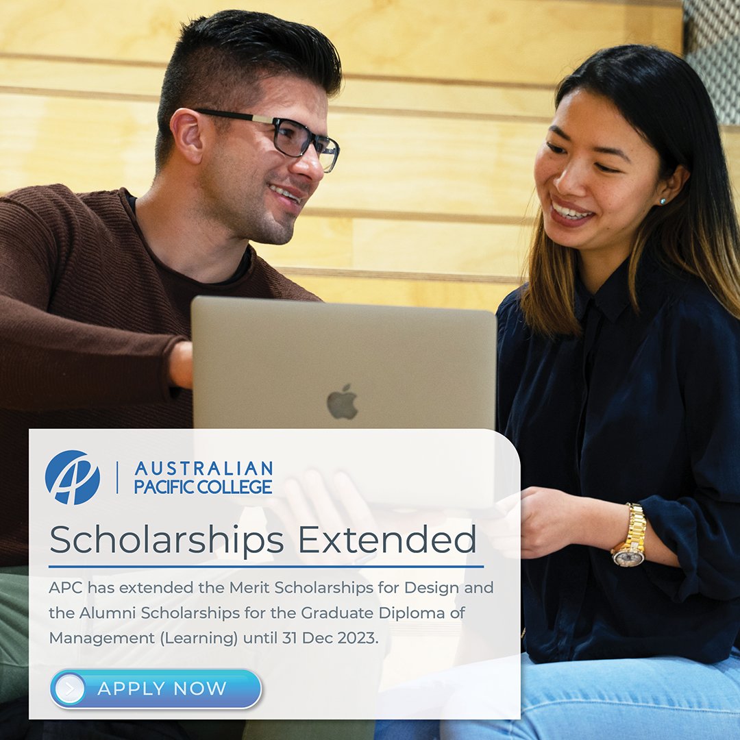 APC01331F's tweet photo. SCHOLARSHIPS EXTENDED!
The Merit Scholarships for Design and the Alumni Scholarships for the Graduate Diploma of Management (Learning) have been extended until 31 Dec 2023. Check out our website for more details: https://t.co/cYa9iUnzei
#Scholarships #australianpacificcollege https://t.co/lZsk7RXYIQ