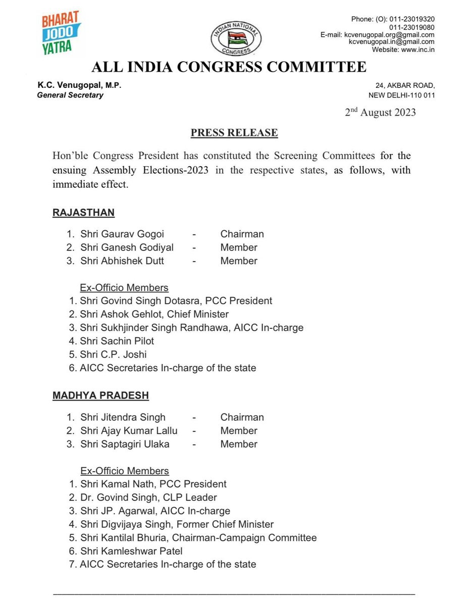 Extremely thankful to Smt Sonia Gandhi ji , .@kharge ji .@RahulGandhi ji .@kcvenugopalmp ji .@priyankagandhi ji for nominating me as a member of the screening committee for Rajasthan StateElections 2023 along wt our chairman .@GauravGogoiAsm ji & my colleague .@UKGaneshGodiyal ji