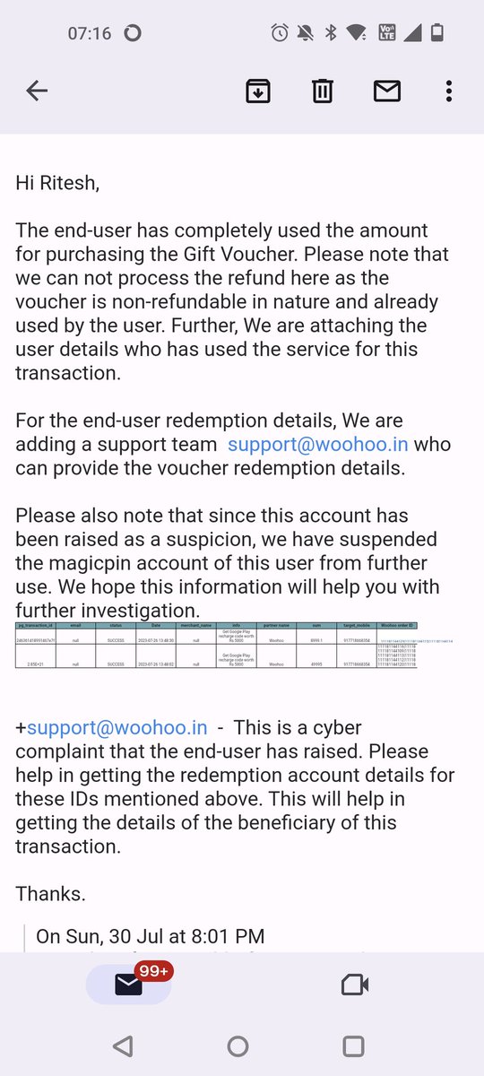 riteshbafna84's tweet photo. @Paytm @bhushan08 @mymagicpin @MumbaiPolice @Mum_CyberPolice @CareMagicpin @Truecaller @Cyberdost @PaytmBank @Paytmcare has extended support and are helping in investigation. @CareMagicpin @anshoo the email states this has happened. No action taken yet. Need you'll take it police so that money is traced. The amount leads to magicpin account. @lightspeedvp @SamsungVentures @zomato https://t.co/kin2WuTh9K